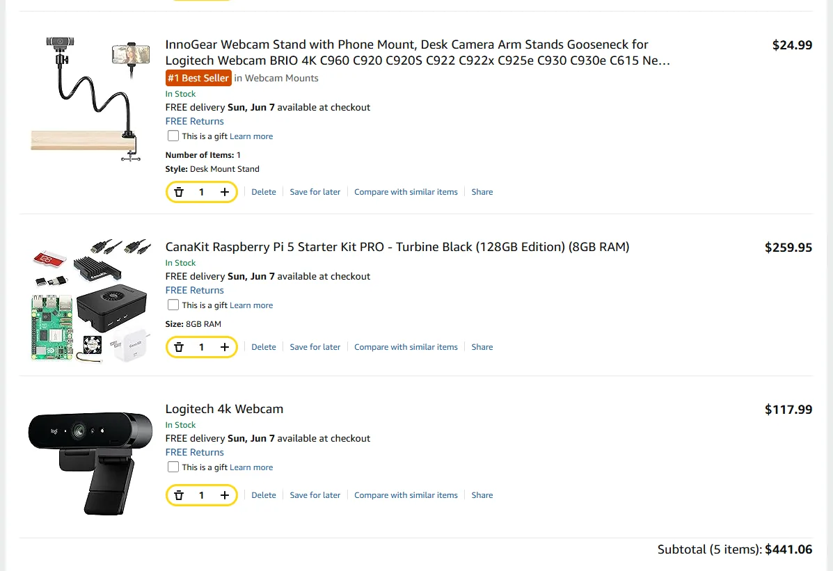 Amazon cart: Raspberry Pi 5, BRIO 4K webcam, stand — $441.06