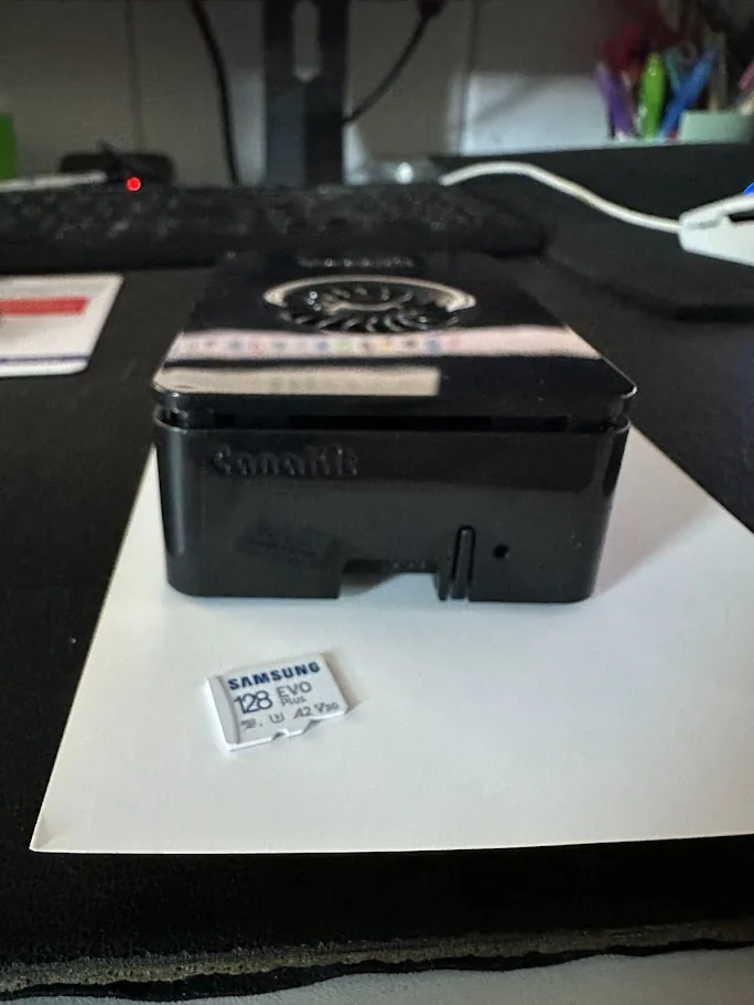 Assembled Raspberry Pi in its case with SD card