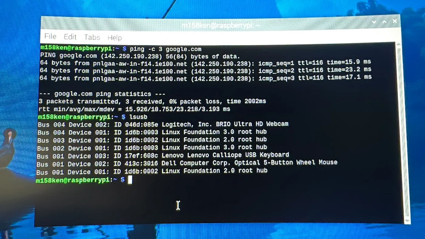 Terminal showing the Logitech BRIO webcam detected