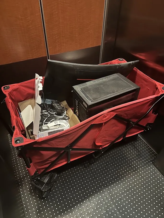The equipment loaded into a wagon in the elevator